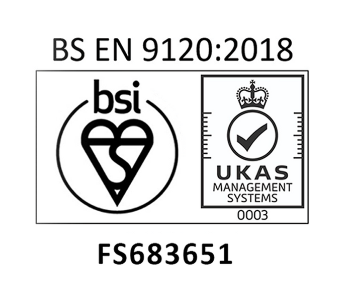 BS EN 9120:2018 certification logos with BSI and UKAS symbols, FS683651