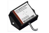 Black electronic sensor module with label and attached cable on a white background
