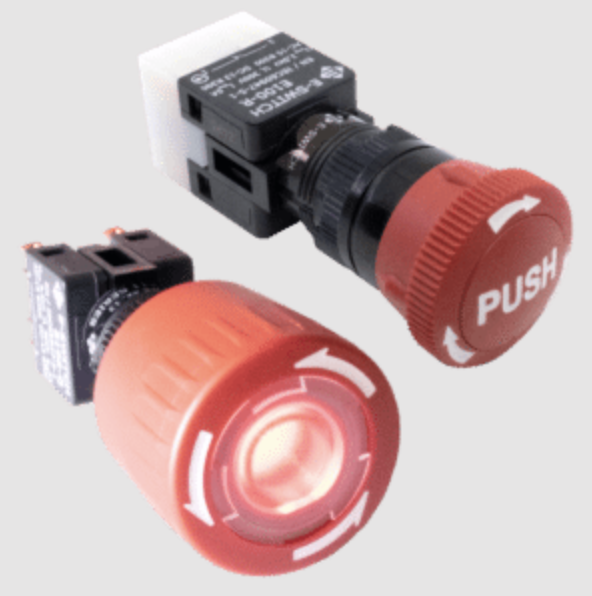 Red push-button switches with black mounts, one labeled “PUSH,” shown at an angle on a white background