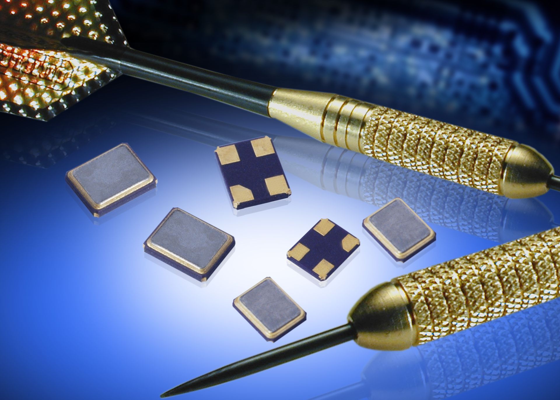 Microchips and precision probes on a blue circuit-board background