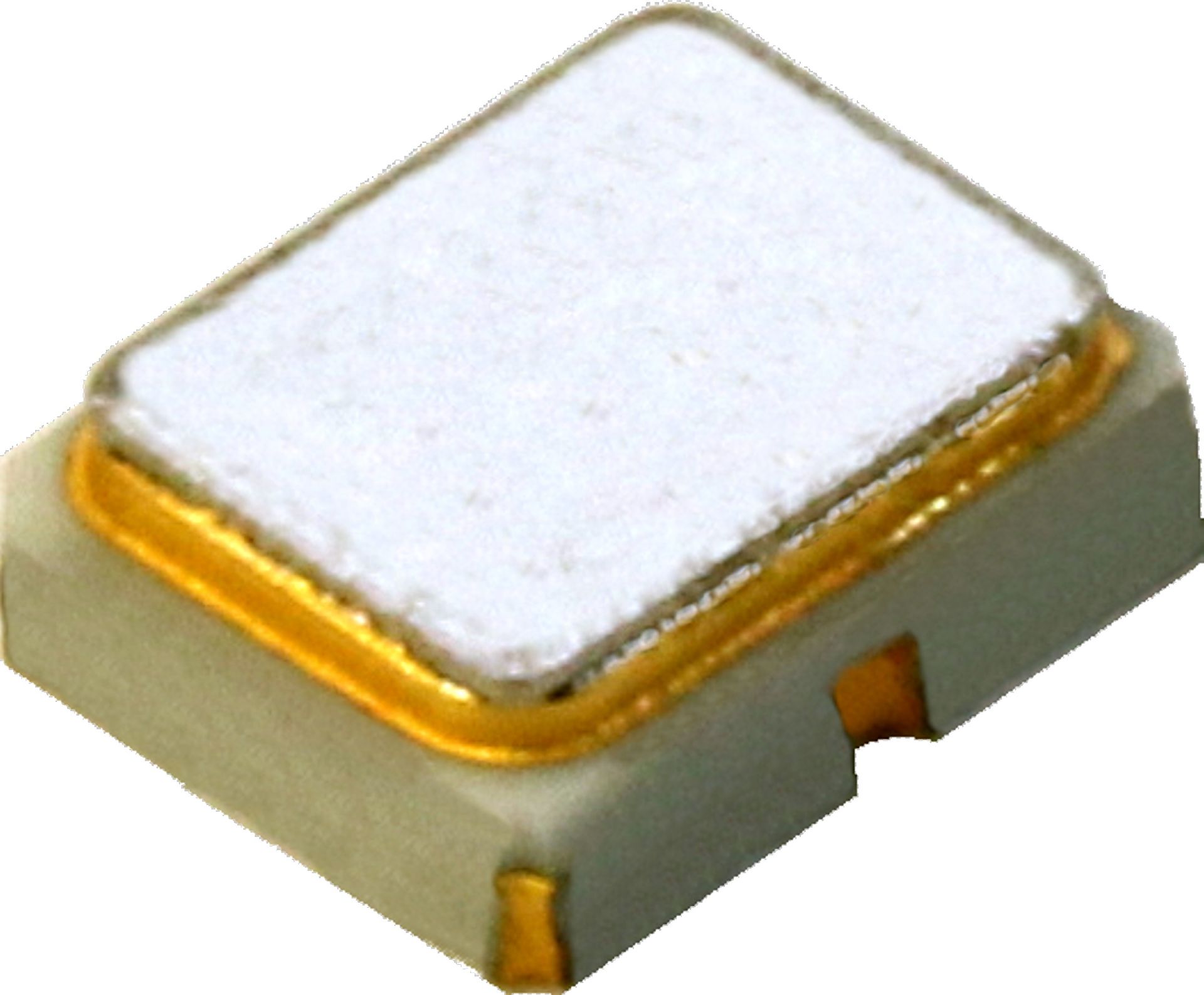 Close-up of a small white electronic component with gold trim and gray base