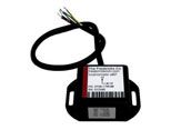Black wired electronic device with a white label and mounting tabs on a white background