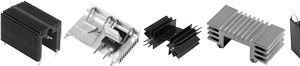 Four electronic heatsinks in black, silver, and black finned designs on a white background