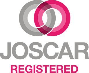 JOSCAR Registered logo with overlapping gray and pink circles and bold gray-pink text