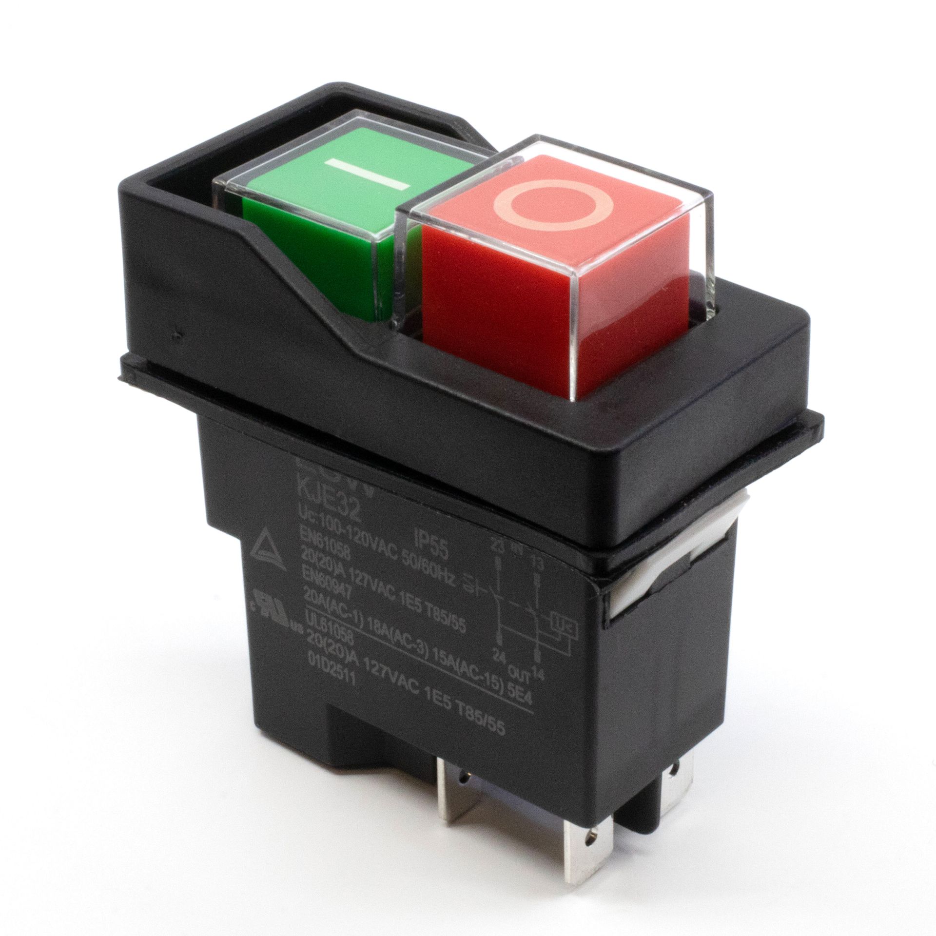 Black rocker switch with green and red buttons on a white background