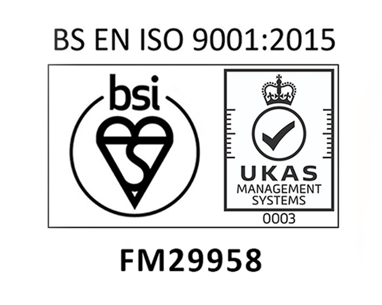 BS EN ISO 9001:2015 certification logo with BSI and UKAS marks, FM29958