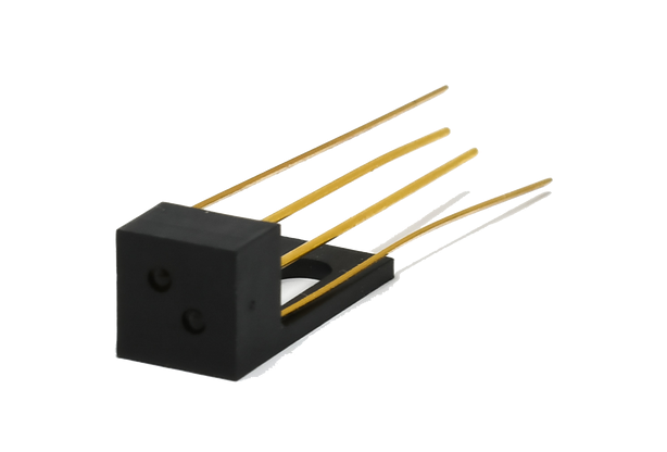 Black 4-pin electronic connector with gold pins on a white background