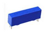 Blue rectangular electronic component with metal pins on each end.