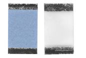 Two side-by-side textured rectangles, one light blue and one white, each with dark bands at top and bottom.
