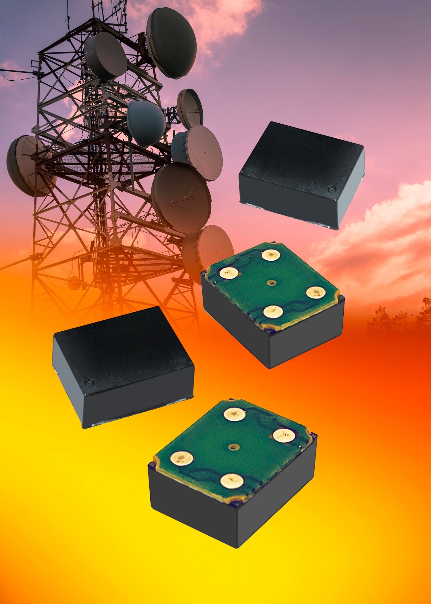 Telecom tower at sunset with floating electronic components on an orange-pink sky background