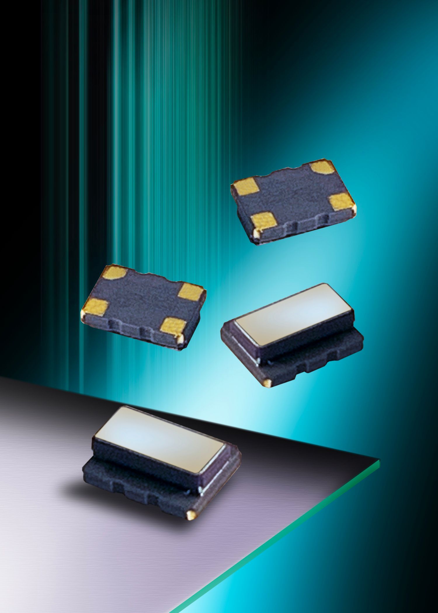 Four small black electronic components with gold contacts on a teal gradient background