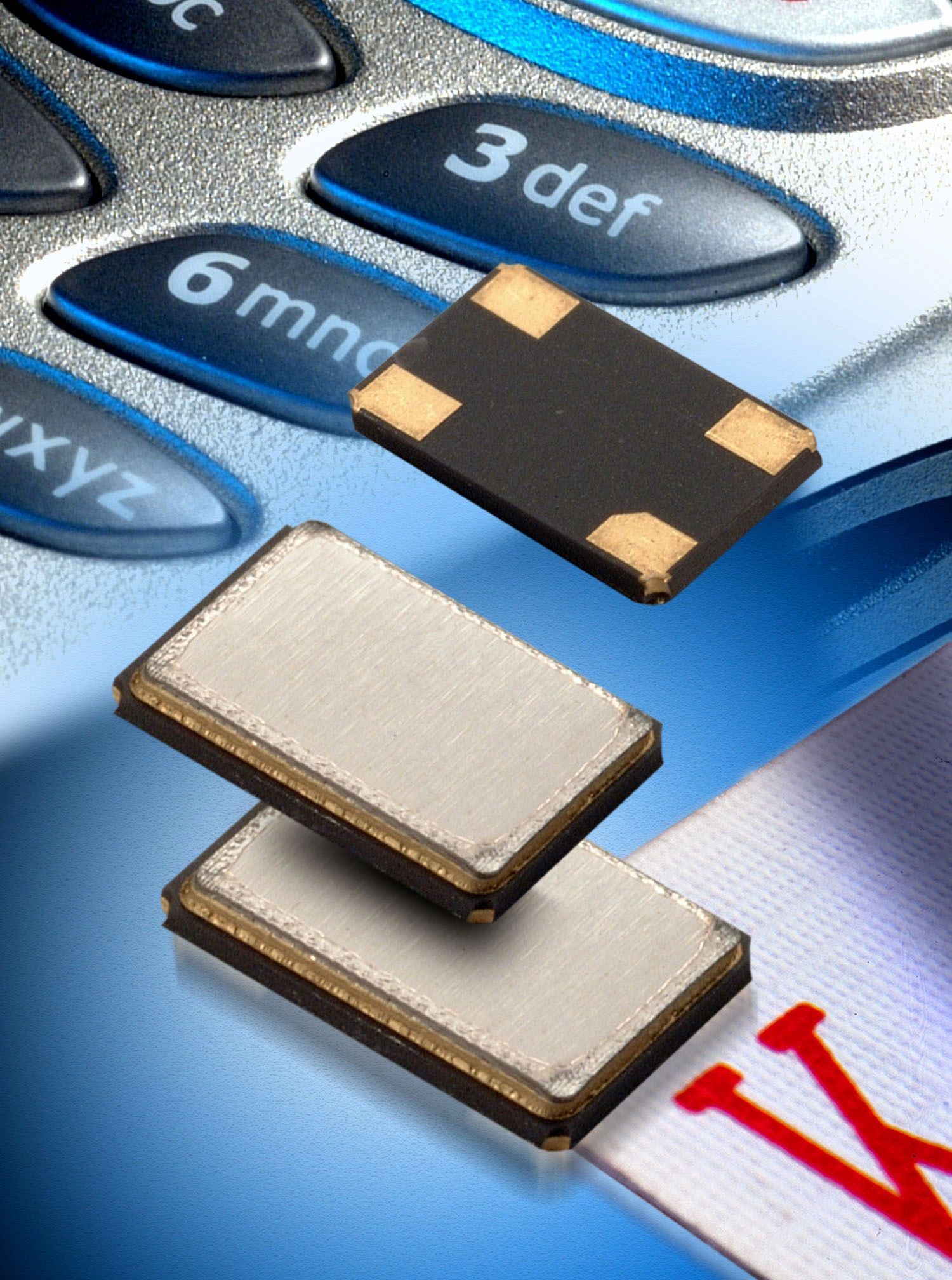 Three stacked computer chips on a calculator keypad background