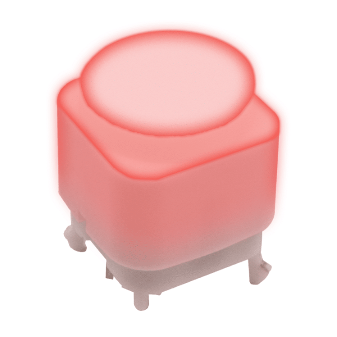 Pink illuminated push button switch on a white background
