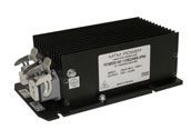 Black finned electronic module with silver connectors on a mounting base, shown in profile