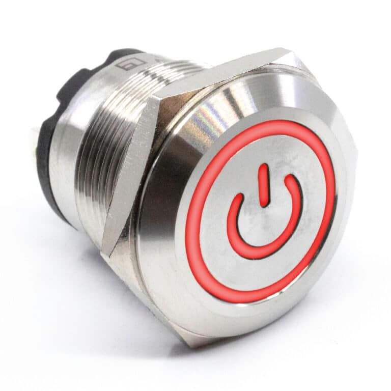 Silver metal push button with red power symbol and red illuminated ring