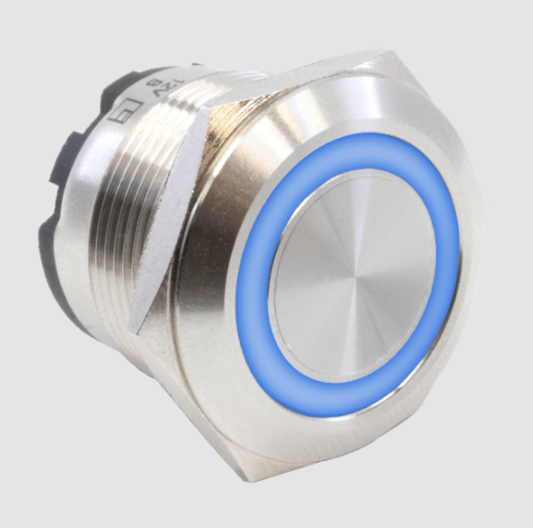 Metal push button switch with a blue illuminated ring and silver bezel