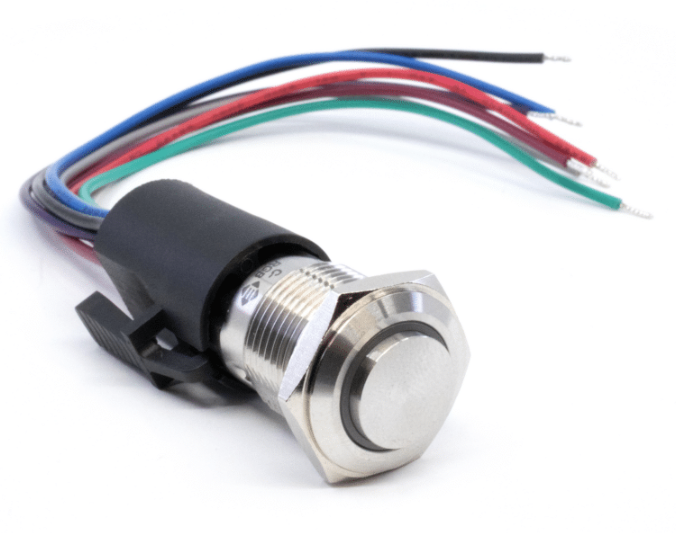 Metal push button switch with multicolored wires attached