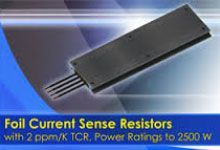 Black foil current sense resistor with leads on blue background, labeled “2 ppm/K TCR, power ratings to 2500 W”