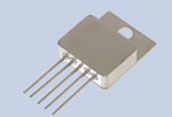 Metal power transistor with five silver leads on a beige body, shown on a white background