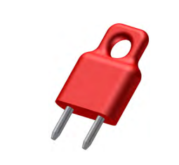 Red two-prong electrical plug adapter with a looped top on a white background