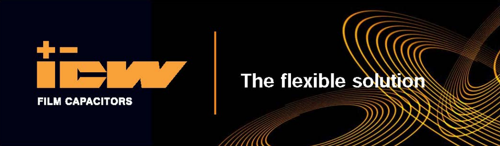 TFW film capacitors logo on black background with orange abstract wave and “The flexible solution” tagline