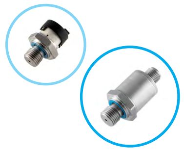 Two metal threaded sensors shown in blue-circled close-up views on a white background