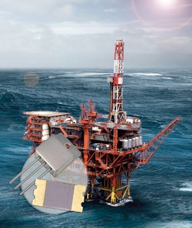 Oil rig platform in rough ocean waves, with damaged leaning sections and red steel tower.