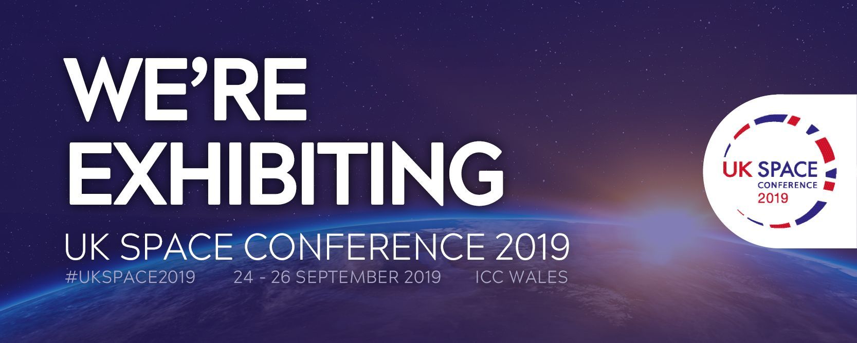 UK Space Conference 2019 banner, purple starry background, “We’re exhibiting” with UK Space logo