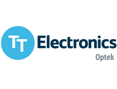 TT Electronics Optek logo with blue circle icon and dark blue text on white background