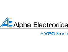 Alpha Electronics logo with blue and black text, “A VPG Brand” underneath