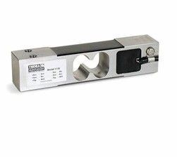 Metal load cell sensor with a white label and central cutout, shown on a plain white background