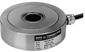 Round silver load cell sensor with central hole and attached cable on the right