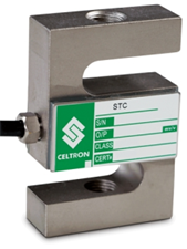 Stainless steel industrial load cell with green Celtron label and cable attached
