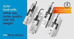 Blue ad for vLite load cells and VPG force sensors, showing several silver sensor devices and a “2” badge.