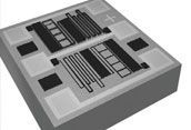 3D rendering of a gray microchip or circuit board with black rectangular components and central traces