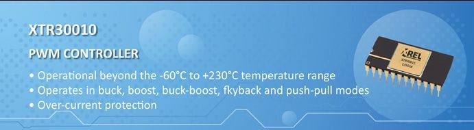 Blue promotional banner for XTR30010 PWM controller with bullet-point features and a small chip image