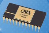 Black REL integrated circuit chip with gold pins on a blue background