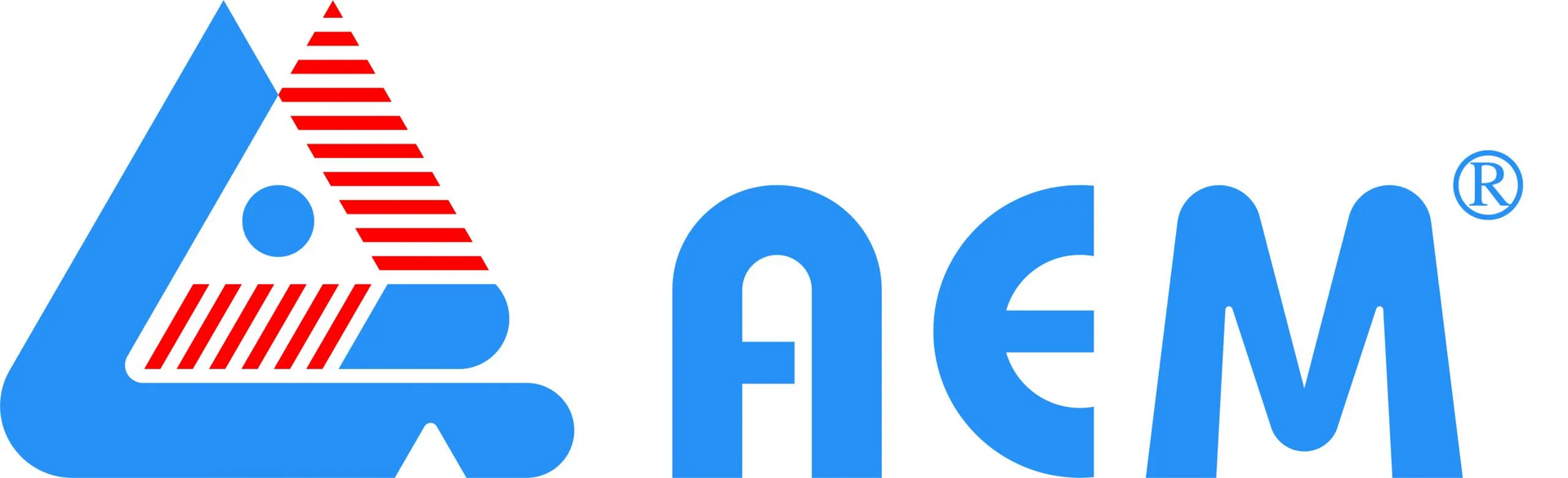 AEM logo in blue with a striped triangular emblem and registered trademark symbol on white background