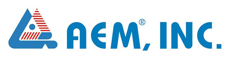 AEM, Inc. logo in blue and red with a stylized triangular emblem