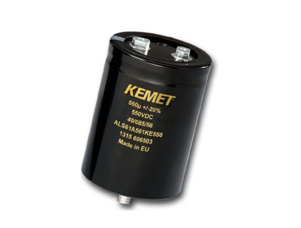 Black KEMET cylindrical capacitor with two top terminals, angled on a white background