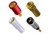 Four colorful electrical connectors on a white background: red, yellow, silver, and black.