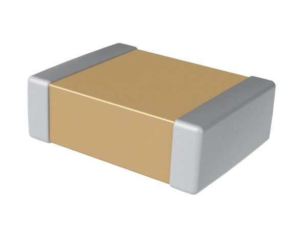 Silver and gold rectangular electronic component with metal end caps