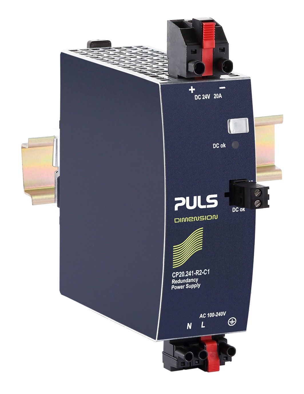 Black PULS DIN-rail power supply with red terminal clips mounted vertically