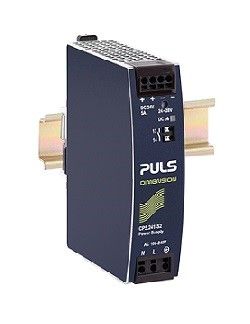 Black PULS DIN-rail power supply unit with gray top and terminal blocks