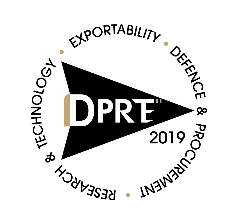 DPRT 2019 logo with a black triangle, gold accents, and circular text for technology, exportability, defence, and procurement