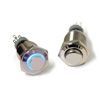 Two small silver metal push buttons with illuminated blue centers on a white background