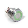 Round metal push button switch with green illuminated ring and two terminals