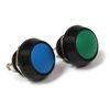 Two round push buttons, one blue and one green, on black mounts.