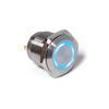 Metal push button with glowing blue ring light on a white background