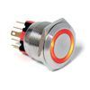 Metal push button switch with red illuminated ring and silver housing on white background